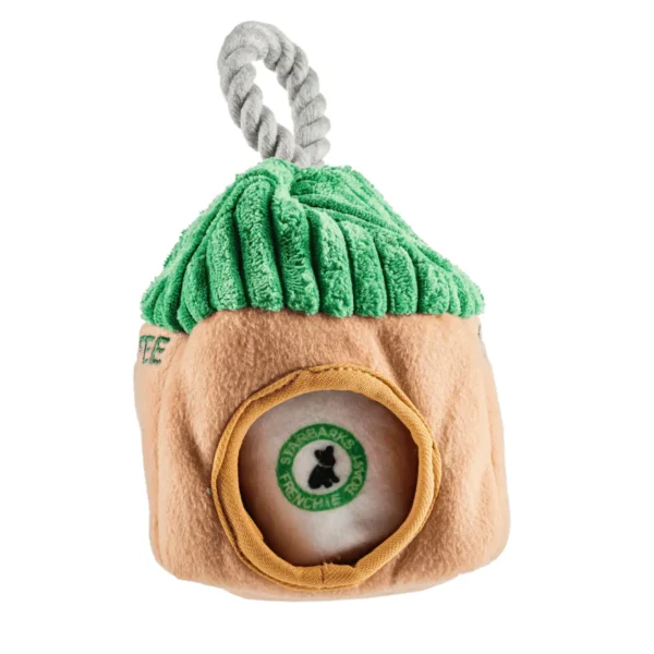 Starbarks Coffee House Interactive Dog Toy – side view of plush coffee house showing mini white coffee cup toy inside