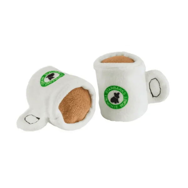 Starbarks Coffee House Interactive Dog Toy – two white mini coffee cup toys with green label ‘Starbarks Frenchie Roast