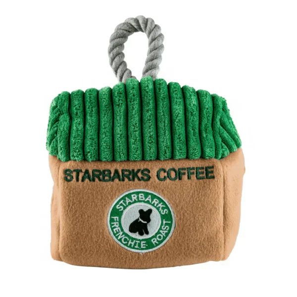 Starbarks Coffee House Interactive Dog Toy – front view of brown plush coffee house with green roof, green words ‘Starbarks Coffee,’ and label ‘Starbarks Frenchie Roast