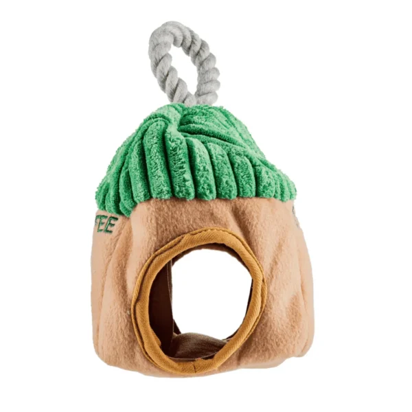 Starbarks Coffee House Interactive Dog Toy – side view of plush coffee house showing toy hole for hiding mini squeaky coffee cup toys