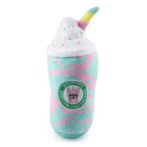 Plush frap cup dog toy with rainbow straw, whipped cream, and colorful swirls