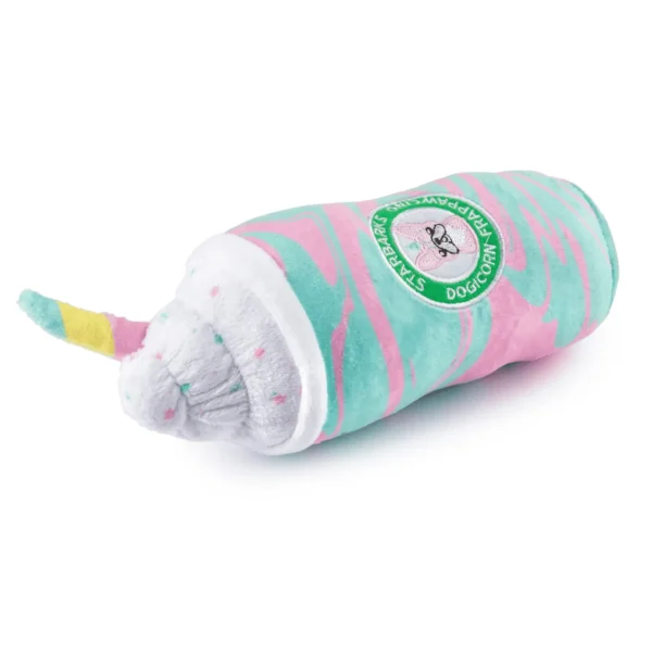 Plush frap cup dog toy with rainbow straw, whipped cream, and colorful swirls – alternate slanted view