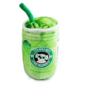 Plush iced matcha cup dog toy with Starbarks label and “I Love You So Matcha” back