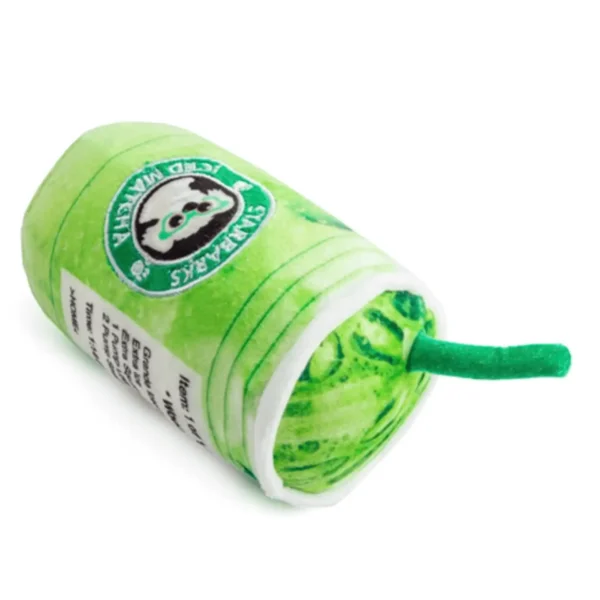 Alternate lying down and slanted angle of Plush iced matcha cup dog toy with Starbarks label and “I Love You So Matcha” back