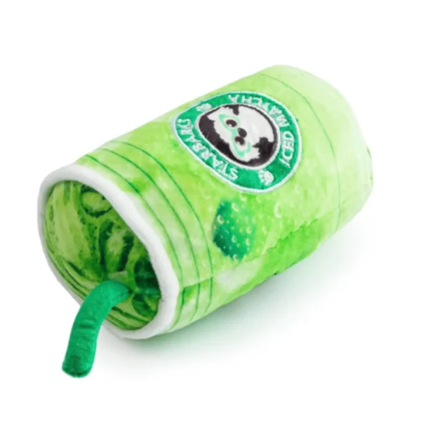 Lying down and slanted angle of Plush iced matcha cup dog toy with Starbarks label and “I Love You So Matcha” back