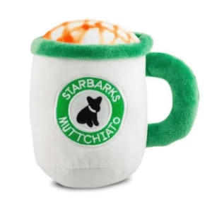 Plush white coffee cup dog toy with faux milk foam and caramel drizzle