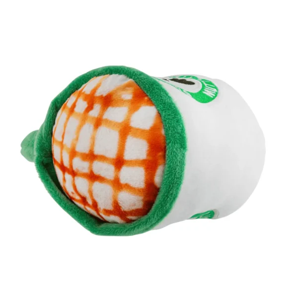 Lying down at an angle view of Plush white coffee cup dog toy with faux milk foam and caramel drizzle