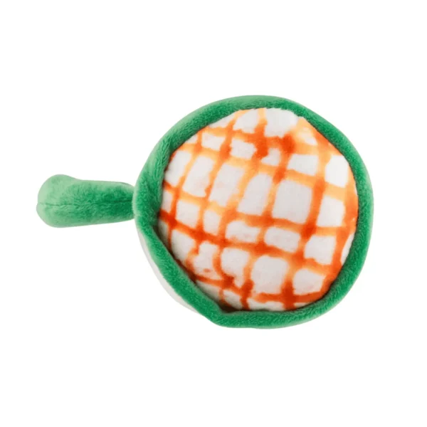 Top view of Plush white coffee cup dog toy with faux milk foam and caramel drizzle