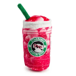 Berry-colored plush refresher cup dog toy with green straw and Pawberry Acai back