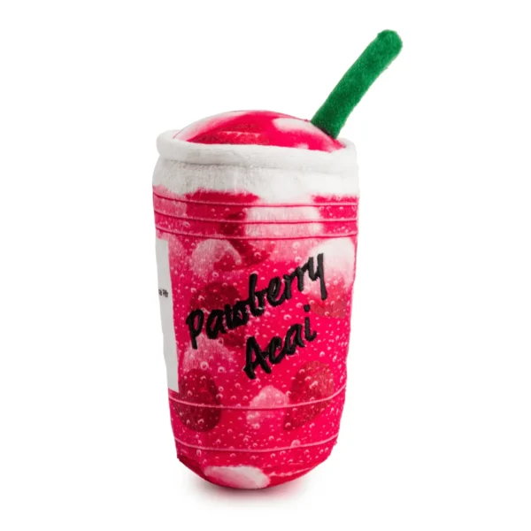 Berry-colored plush refresher cup dog toy with green straw and Pawberry Acai back