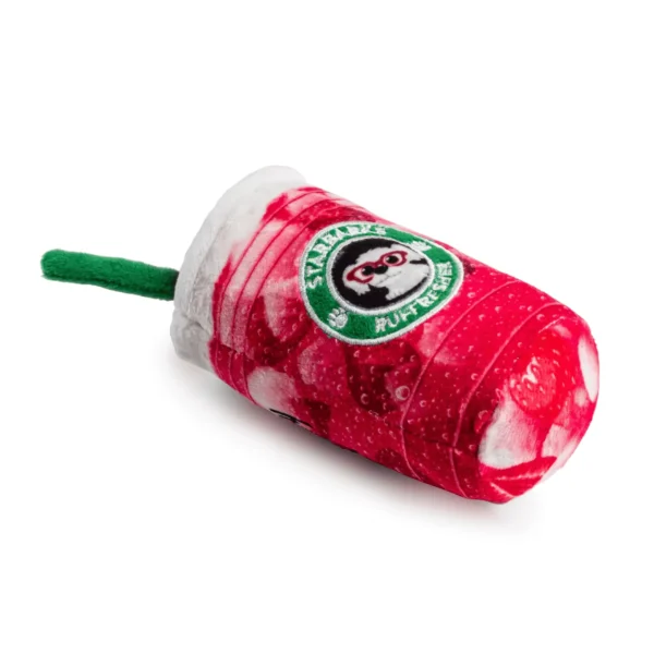 Starbarks Pawberry Ruffresher Dog Toy – alternate slanted view of plush berry-colored cup with green straw