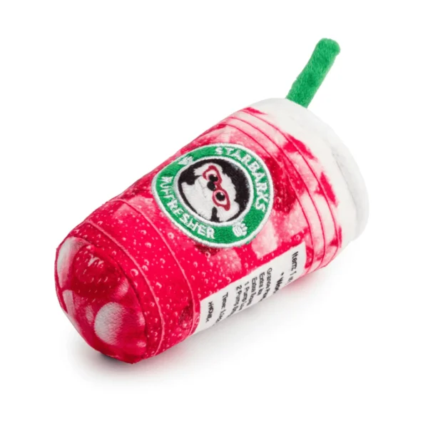 Berry-colored plush refresher cup dog toy lying down at slanted angle with with green straw