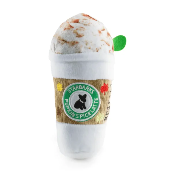 Plush latte cup dog toy with faux whipped cream, spice, and green straw