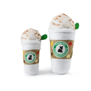 Plush latte cup dog toy with faux whipped cream, spice, and green straw
