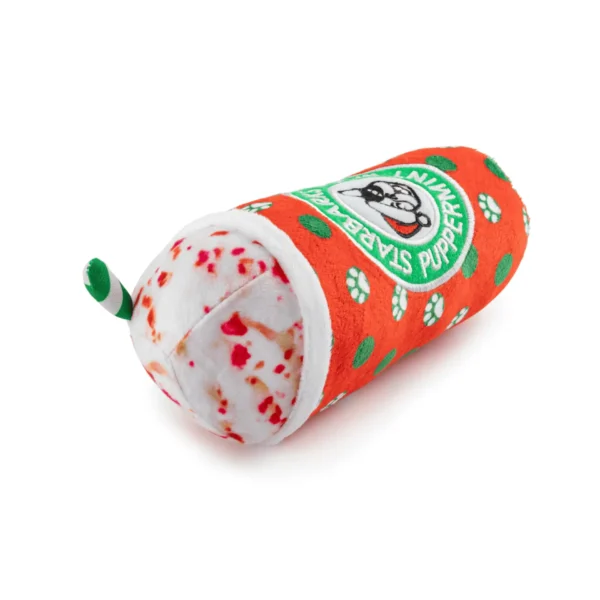Starbarks Puppermint Mocha Holiday Dots Cup Dog Toy – holiday coffee cup plush lying flat