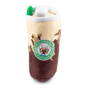 Plush cold brew cup dog toy with marshmallow top and green straw