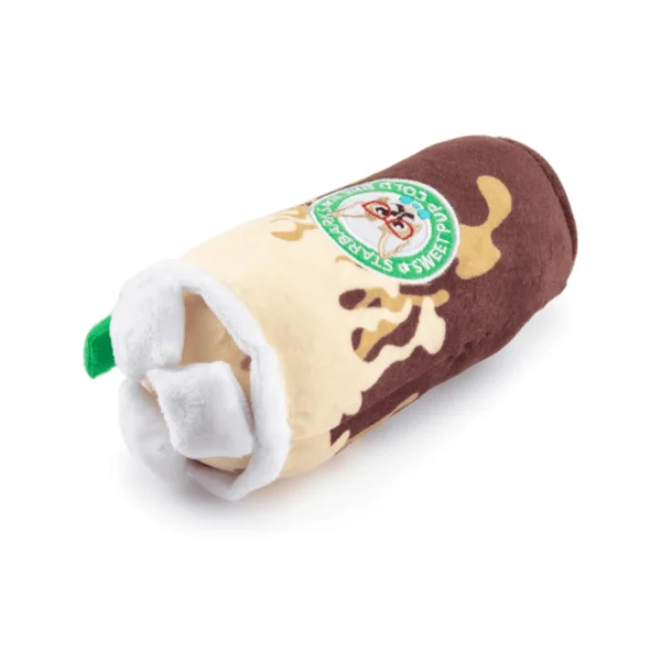 Slanted view of Plush cold brew cup dog toy with marshmallow top and green straw