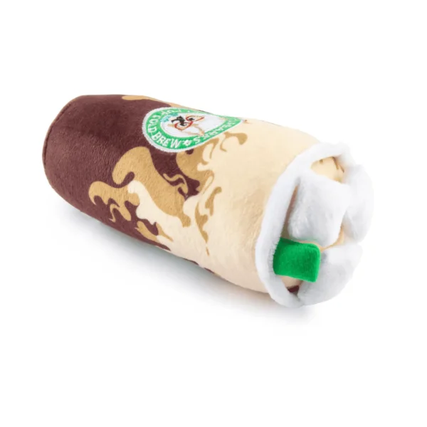 Lying down and slanted angle of Plush cold brew cup dog toy with marshmallow top and green straw