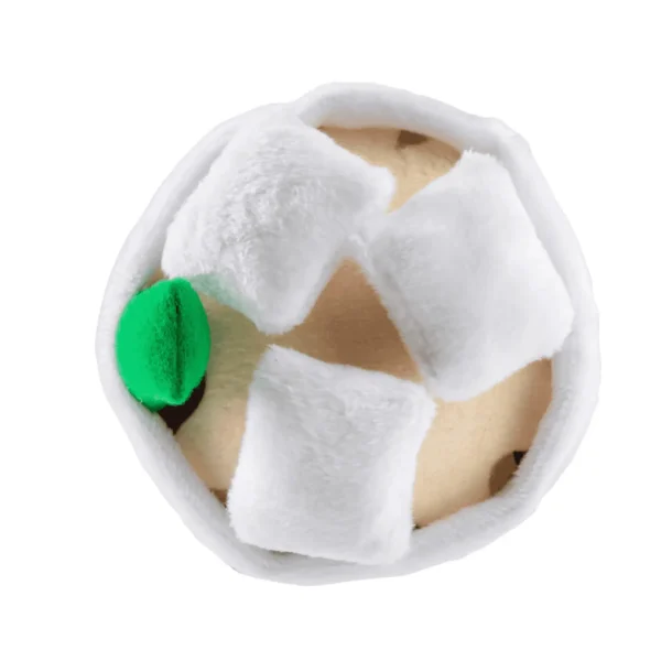 Close-up of top of plush cup showing marshmallows and green straw