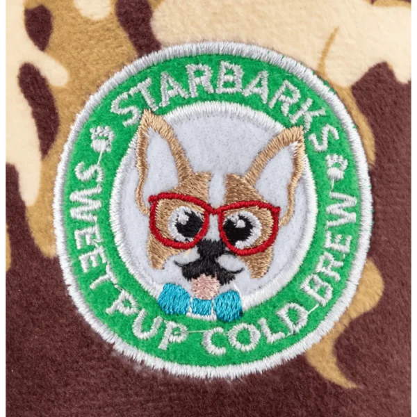 Starbarks Sweet Pup Cold Brew Dog Toy – close-up of ‘Starbarks Sweet Pup Cold Brew’ label on plush cup with green straw
