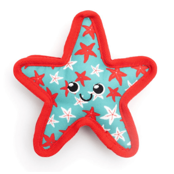 Turquoise starfish dog toy with rugged fabric, reinforced lining, and multiple squeakers for tug, toss, and chew play.
