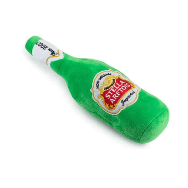 Stella Arftois plush beer bottle dog toy lying flat with squeaker