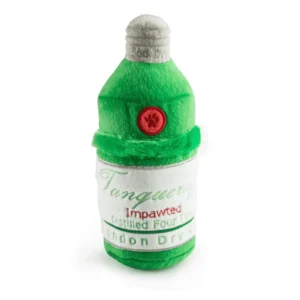 Plush green gin bottle dog toy with white label and soft squeaky design.