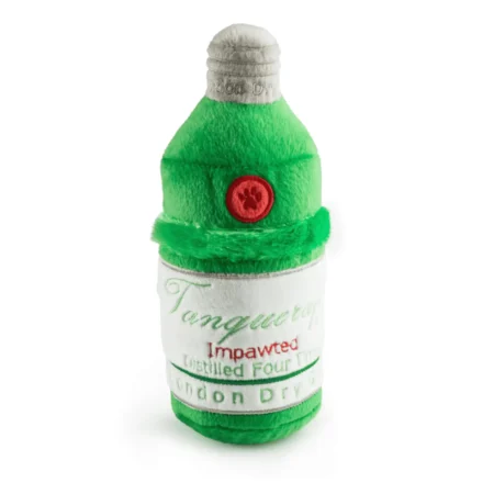 Plush green gin bottle dog toy with white label and soft squeaky design.