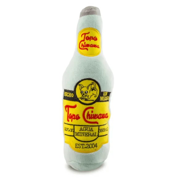Plush dog toy shaped like a Topo Chiwawa bottle with label details
