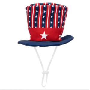 Oxford nylon Uncle Sam dog hat in red, white, and blue with stars, featuring elastic chin strap and adjustable toggle.