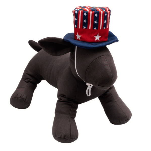 Oxford nylon Uncle Sam dog hat in red, white, and blue with stars, featuring elastic chin strap and adjustable toggle on a dog mannequin