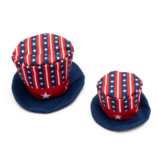 Oxford nylon Uncle Sam dog hat in red, white, and blue with stars, featuring elastic chin strap and adjustable toggle. Small and Large size