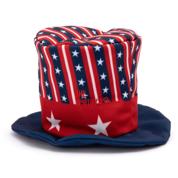 Oxford nylon Uncle Sam dog hat in red, white, and blue with stars, featuring elastic chin strap and adjustable toggle.
