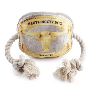 Western Belt Buckle Dog Toy – plush belt buckle with squeaker and rope sides for dogs