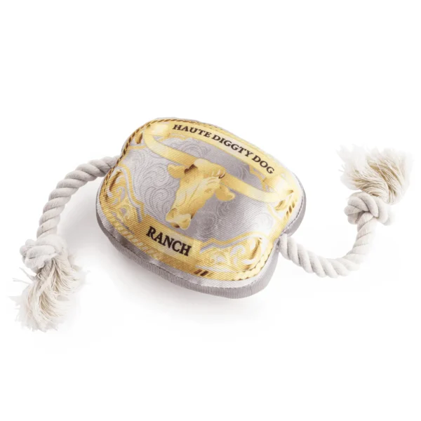 Western Belt Buckle Dog Toy – slanted front view of plush belt buckle with squeaker and rope sides