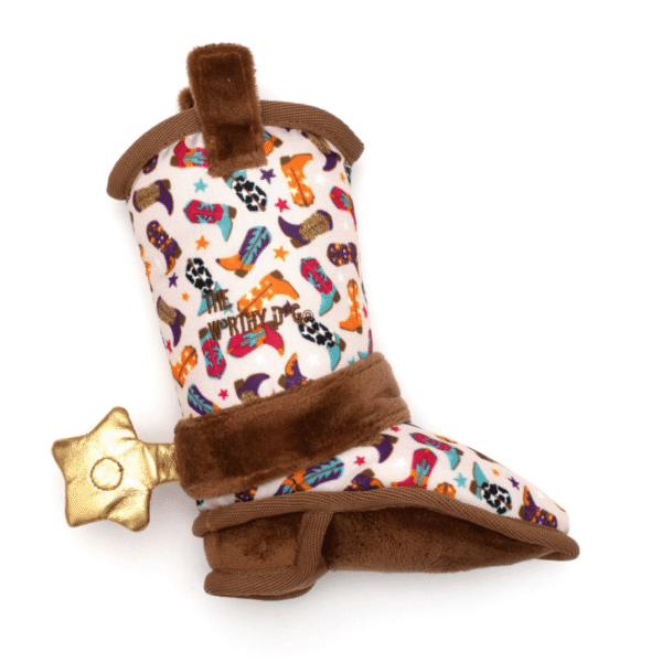 Brown plush cowboy boot dog toy made with durable materials, perfect for chewing, tugging, and playful western fun.