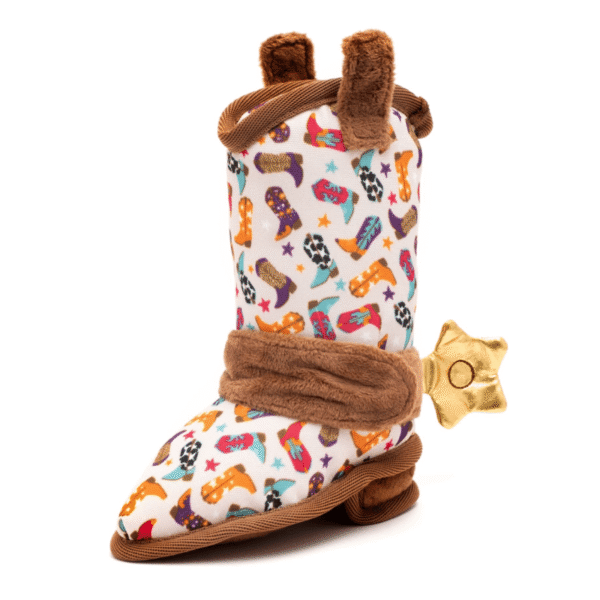 Brown plush cowboy boot dog toy made with durable materials, perfect for chewing, tugging, and playful western fun.