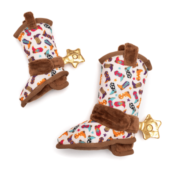 Small and large size of the brown plush cowboy boot dog toy made with durable materials, perfect for chewing, tugging, and playful western fun.