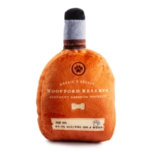 Plush bourbon bottle dog toy with label embroidery and soft squeaky design.