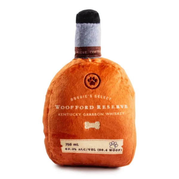 Plush bourbon bottle dog toy with label embroidery and soft squeaky design.