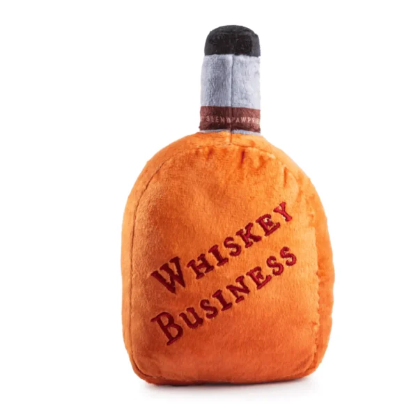 Plush bourbon bottle dog toy back view of bourbon bottle squeaky toy