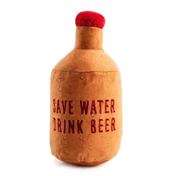 Back view of Plush brown beer bottle dog toy