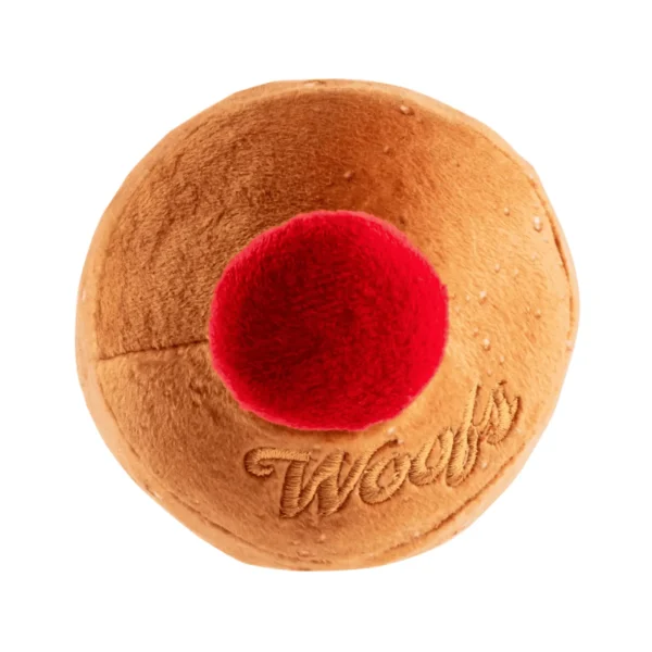 Top view of plush brown beer bottle squeaky toy for dogs