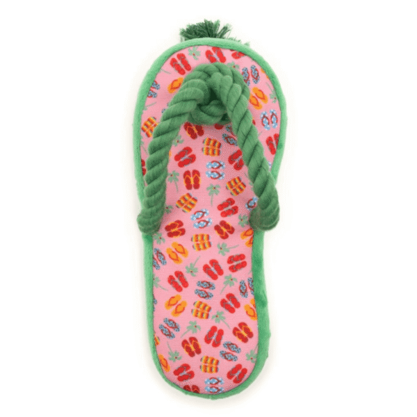 A colorful flip-flop dog toy featuring a pink base with assorted patterns, green edges, and a twisted rope thong. Perfect for summer fun.