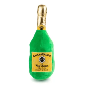 Plush champagne bottle dog toy with gold label and soft squeaky design
