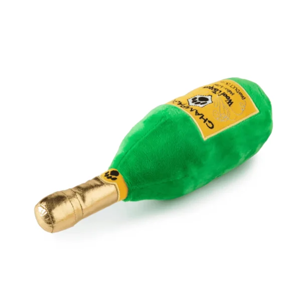 Woof Clicquot Classic Dog Toy – plush champagne bottle toy lying flat upside down with squeaker
