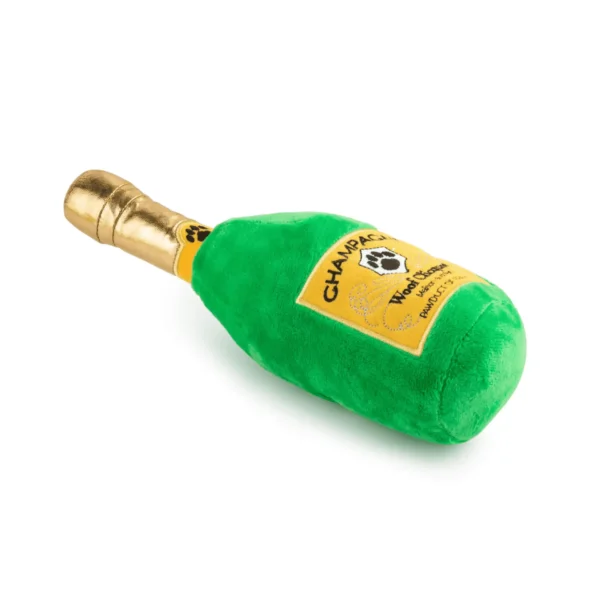 Woof Clicquot Classic Dog Toy – plush champagne bottle toy lying flat with squeaker
