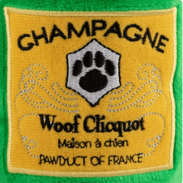 Woof Clicquot Classic Dog Toy – close-up of plush champagne bottle label