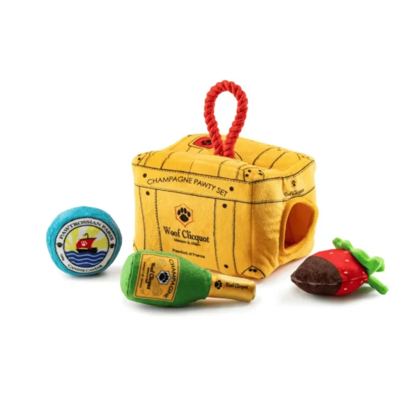 Woof Clicquot Pawty Set – luxury dog toy trunk with plush champagne bottles and toys
