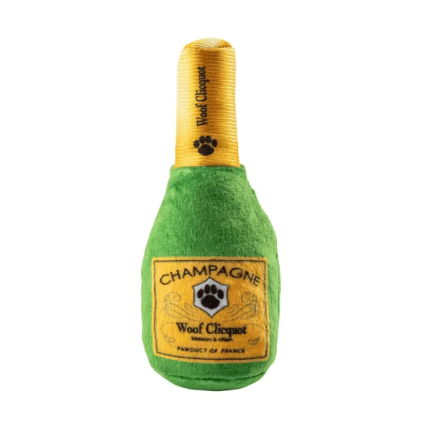 Woof Clicquot Pawty Set – close-up of champagne bottle dog toy with squeaker